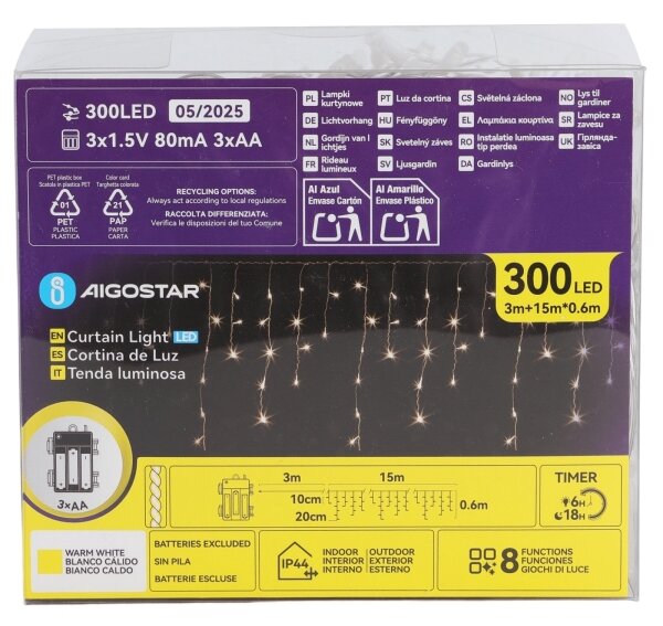 Aigostar - Catena luminosa natalizia LED da esterno 300xLED/8 funzioni 3xAA 18x06m IP44 bianco caldo