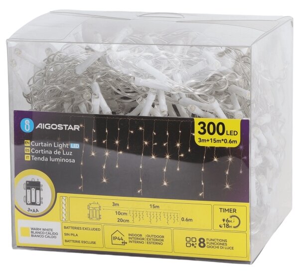 Aigostar - Catena luminosa natalizia LED da esterno 300xLED/8 funzioni 3xAA 18x06m IP44 bianco caldo