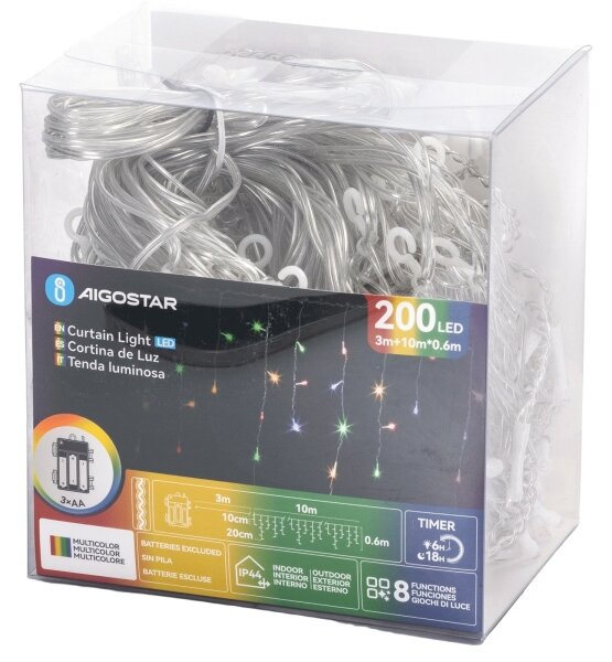 Aigostar - Catena luminosa LED natalizia da esterno 200xLED/8 funzioni 3xAA 13x06m IP44 multicolore