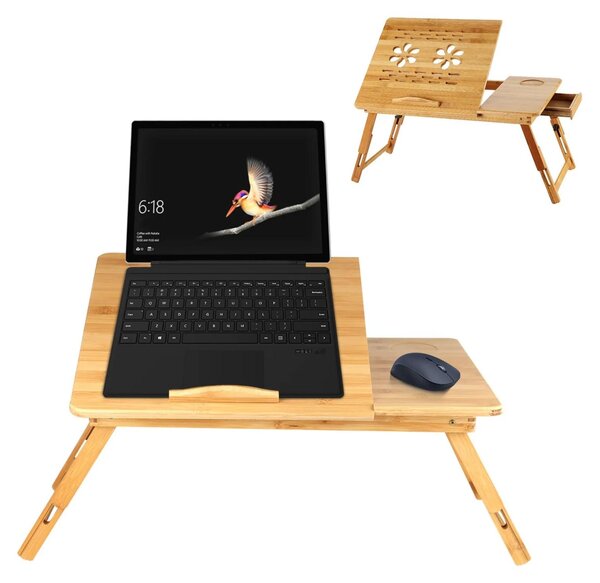 Tavolo portatile per laptop in bambù, regolabile in altezza, con cassetto