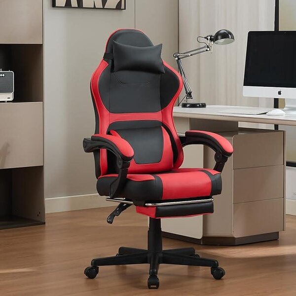 Sedia da gaming, sedia da ufficio, sedia ergonomica con poggiapiedi, doppio supporto lombare, nera e rossa, con spazio di stoccaggio nella parte posteriore, ideale per l'ufficio domestico e le pause