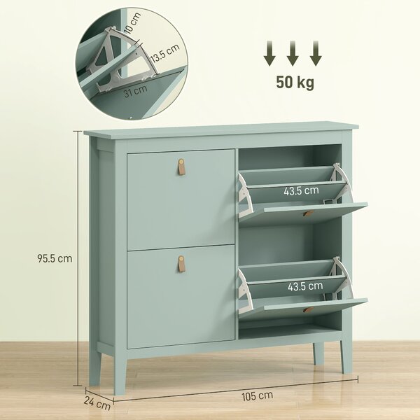 HOMCOM Scarpiera Slim 4 Cassetti per 20 Paia di Scarpe Taglia EU44 e Ripiani Regolabili, 105x24x95.5cm, Verde | Aosom Italy