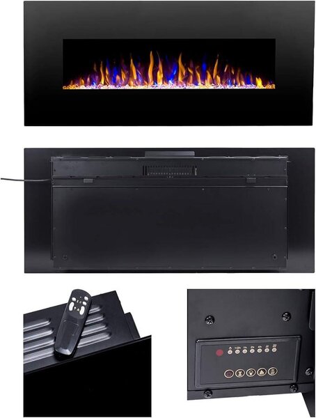Camino elettrico da parete in vetro, riscaldamento superiore, camino elettrico da parete, fiamma LED con cambio colore e diverse opzioni decorative, telecomando incluso, 152 cm, colore nero