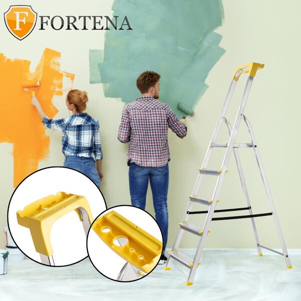 FORTENA Scala a pioli per uso domestico con ripiano giallo in alluminio e 5 gradini