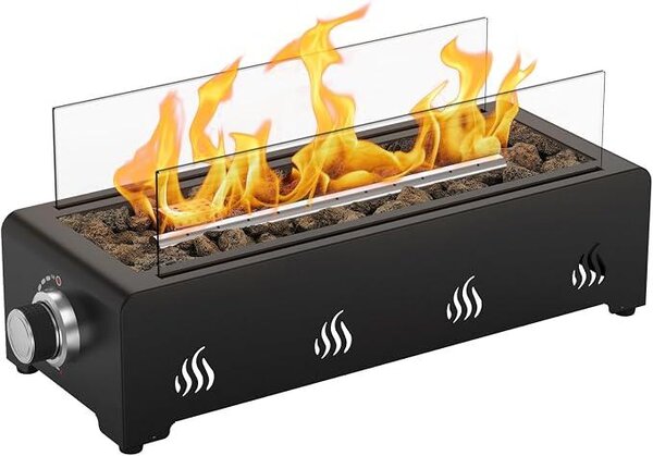 Bruciatore a gas da tavolo da 45,7 cm, riscaldatore portatile per terrazza con pietre laviche e paravento in vetro, ideale per terrazze, cortili, spazi esterni e ristoranti