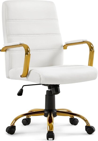 Sedia da scrivania per l'ufficio domestico, con braccioli, bianca/oro | Sedia da ufficio ergonomica, girevole con rotelle, con schienale, ideale per l'ufficio o lo studio
