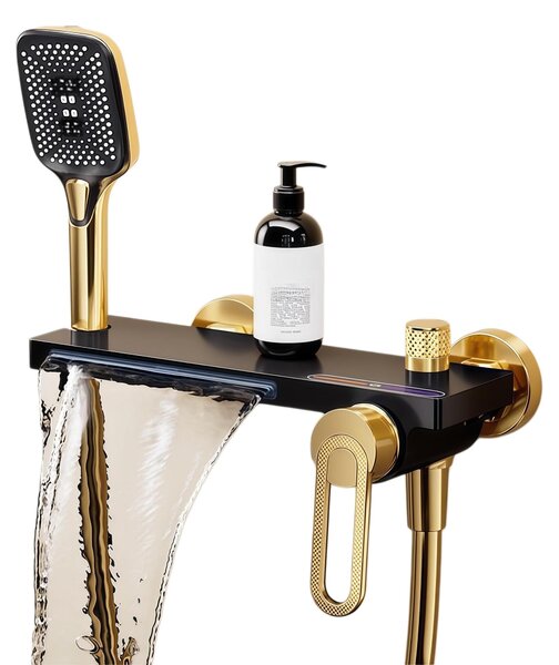 Miscelatore monocomando per lavabo con doccetta, finitura nera/oro