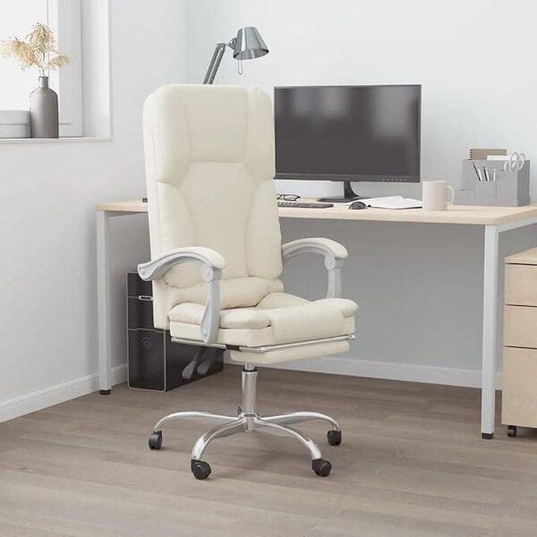 Sedia da ufficio con funzione massaggio, rivestita in ecopelle color crema, sedia girevole e regolabile in altezza per un lavoro ergonomico, poltrona da ufficio confortevole con schienale e ruote