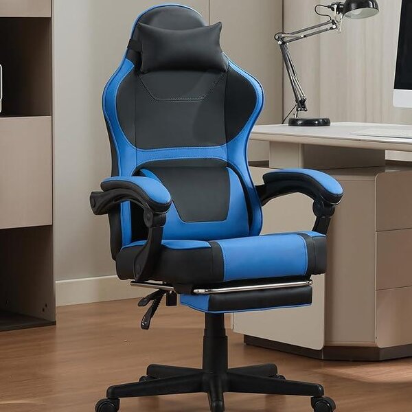 Sedia da gaming, sedia da ufficio, sedia ergonomica da scrivania con poggiapiedi, supporto lombare e supporto per il collo, girevole a 360 gradi, capacità di carico di 136 kg, vano schienale, ideale per l'ufficio domestico e le pause