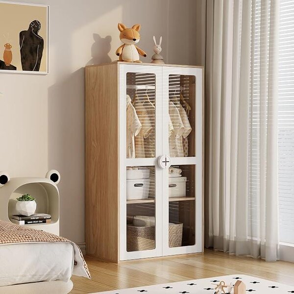 Armadio per bambini, armadio a due ante in vetro con asta appendiabiti e ripiani scorrevoli, maniglie in legno a forma di biscotto, bianco+legno naturale, pannello laccato + truciolato, 80×50×150 cm