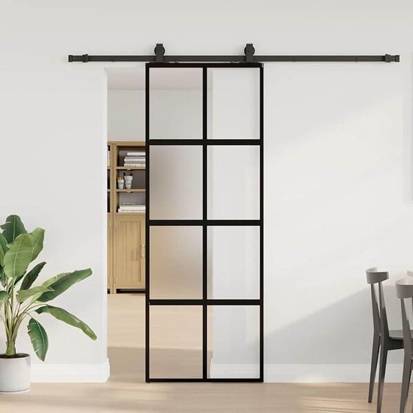 Porta scorrevole con ferramenta, colore nero, dimensioni 76x205 cm. Vetro temperato, telaio in alluminio, salvaspazio, silenziosa, design moderno, facile da montare, ideale per bagni, camere da letto e armadi