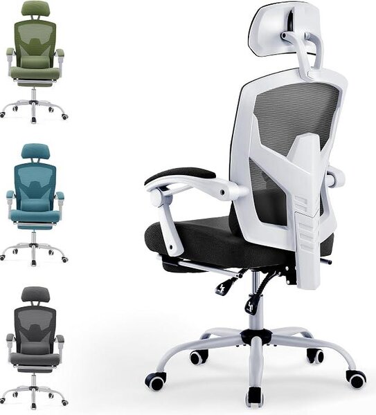 Sedia da ufficio ergonomica: una sedia da scrivania dotata di braccioli confortevoli, con un supporto lombare comodo e poggiapiedi, ideale per l'uso in casa
