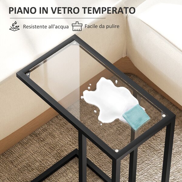 HOMCOM Tavolino da Caffè in Vetro e Acciaio a Forma di C, 46x25x63.5 cm, Nero