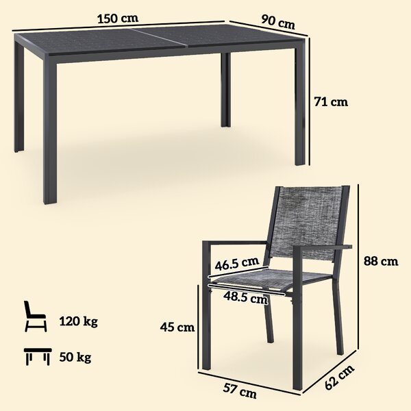 Outsunny Set 7 Pezzi con Tavolo Rettangolare e 6 Sedie Impilabili Traspiranti in Acciaio per Giardino e Esterno, Grigio e Nero | Aosom Italy