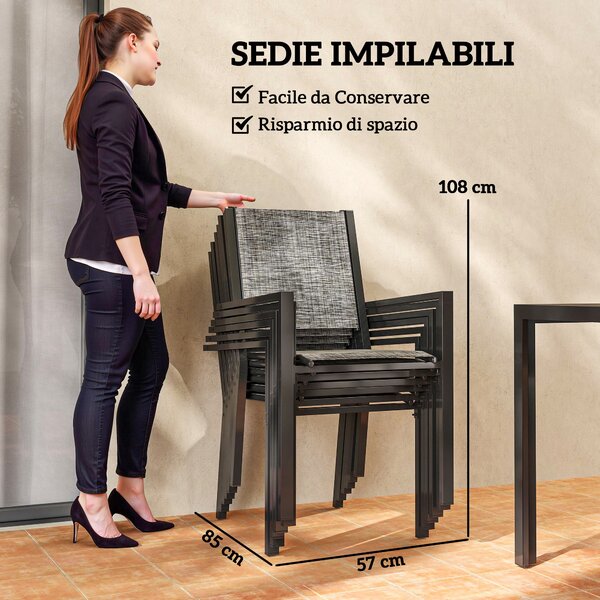 Outsunny Set 7 Pezzi con Tavolo Rettangolare e 6 Sedie Impilabili Traspiranti in Acciaio per Giardino e Esterno, Grigio e Nero | Aosom Italy