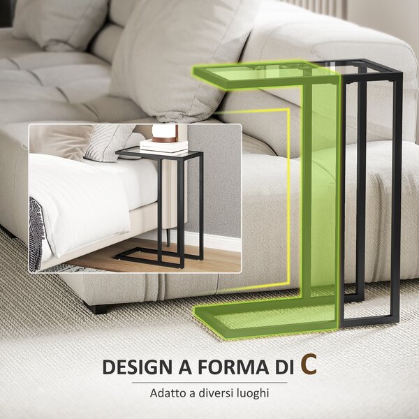 HOMCOM Tavolino da Caffè in Vetro e Acciaio a Forma di C, 46x25x63.5 cm, Nero