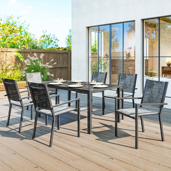 Outsunny Set 7 Pezzi con Tavolo Rettangolare e 6 Sedie Impilabili Traspiranti in Acciaio per Giardino e Esterno, Grigio e Nero | Aosom Italy