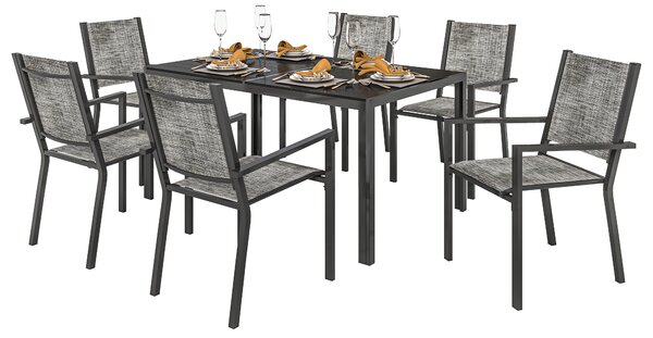 Set da Giardino 7 Pezzi con Tavolo Rettangolare e 6 Sedie Impilabili Traspiranti in Acciaio Grigio e Nero