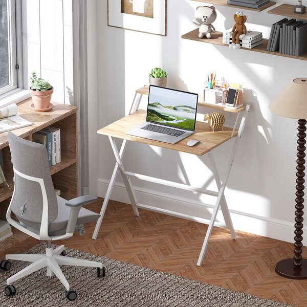 HOMCOM Scrivania Pieghevole con Ripiano per Monitor, 81.5x62x86.5 cm, Legno e Bianco | Aosom Italy