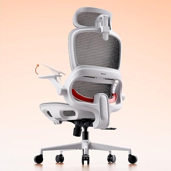 Sedia da ufficio ergonomica, sedia da scrivania con supporto lombare dinamico 4D, poggiatesta ampio e braccioli pieghevoli, inclinazione da 90° a 135°, colore bianco