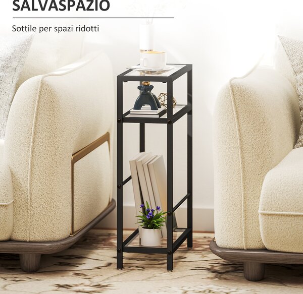 HOMCOM Tavolino da Salotto a 3 Ripiani Compatto in Vetro e Acciaio, 40x18x62 cm, Nero
