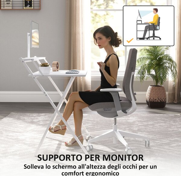 HOMCOM Scrivania Pieghevole con Ripiano per Monitor, 81.5x62x86.5 cm, Bianco | Aosom Italy