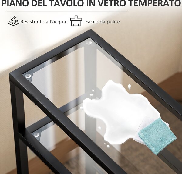 HOMCOM Tavolino da Salotto a 3 Ripiani Compatto in Vetro e Acciaio, 40x18x62 cm, Nero