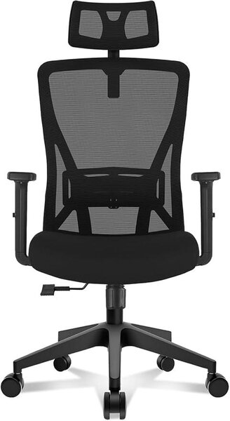 Sedia da ufficio ergonomica con poggiatesta e supporto lombare, sedia da scrivania con braccioli, sedia in rete con funzione basculante da 90° a 130°, sedia girevole con capacità di carico fino a 150 kg, ideale per l'ufficio domestico, colore nero