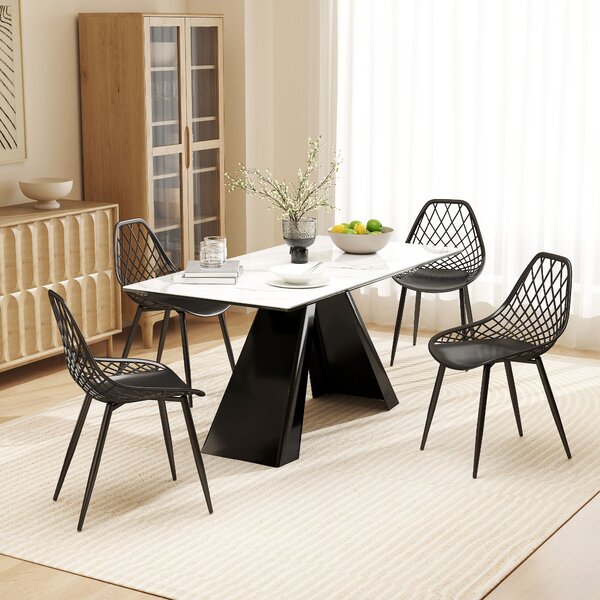 HOMCOM Set 4 Sedie da Pranzo Moderne con Schienale Traforato in Plastica e Gambe in Metallo, Nero | Aosom Italy