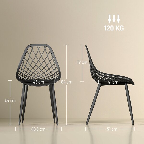HOMCOM Set 4 Sedie da Pranzo Moderne con Schienale Traforato in Plastica e Gambe in Metallo, Nero | Aosom Italy