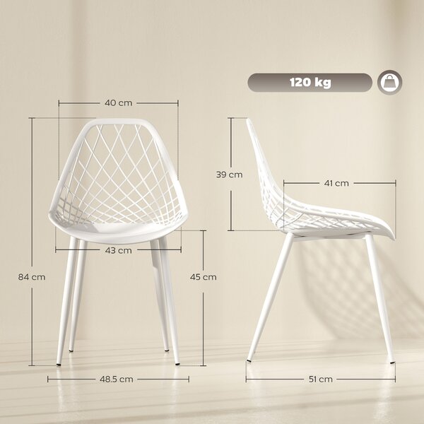 HOMCOM Set 4 Sedie Moderne da Pranzo con Schienale Traforato in Plastica e Gambe in Metallo, per Cucina e Soggiorno, Bianco|Aosom Italy