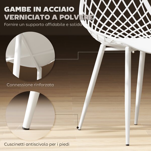 HOMCOM Set 4 Sedie Moderne da Pranzo con Schienale Traforato in Plastica e Gambe in Metallo, per Cucina e Soggiorno, Bianco|Aosom Italy