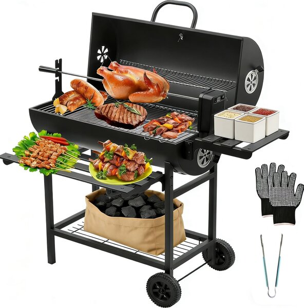 Griglia per barbecue in legno di grandi dimensioni, completa di guanti termici e termometro