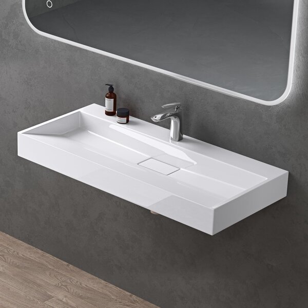 Doporro Lavabo da Appoggio Bagno Sospeso Lavandino Rettangolare in Marmoresina con Piletta di Scarico Inclusa Colossum19, 120x46x11 cm Bianco Lucido Monoforo