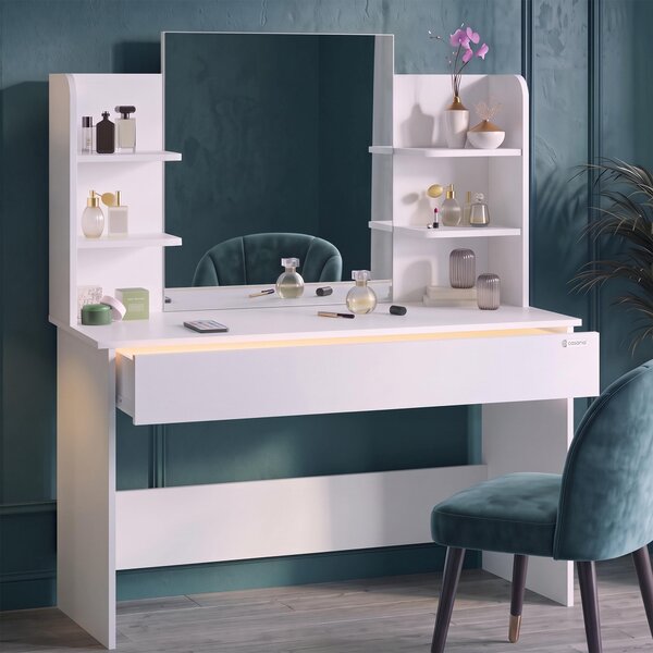 CASARIA® Tavolo da Trucco Lucia Specchio Grande Cassetto con Luce Ripiani Toeletta Trucchi Tavolino Make-Up e Profumi Postazione Trucco Vanity Desk