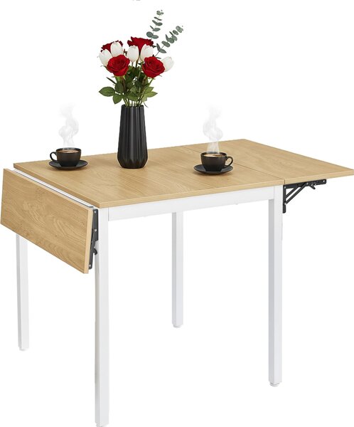 Tavolo da pranzo pieghevole Relaxdays, 2-4 persone, L x P x A: 76x120x78 cm, tavolo pieghevole salvaspazio, cucina, MDF e ferro, naturale/bianco