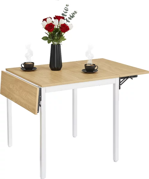 Tavolo da pranzo pieghevole Relaxdays, 2-4 persone, L x P x A: 76x120x78 cm, tavolo pieghevole salvaspazio, cucina, MDF e ferro, naturale/bianco