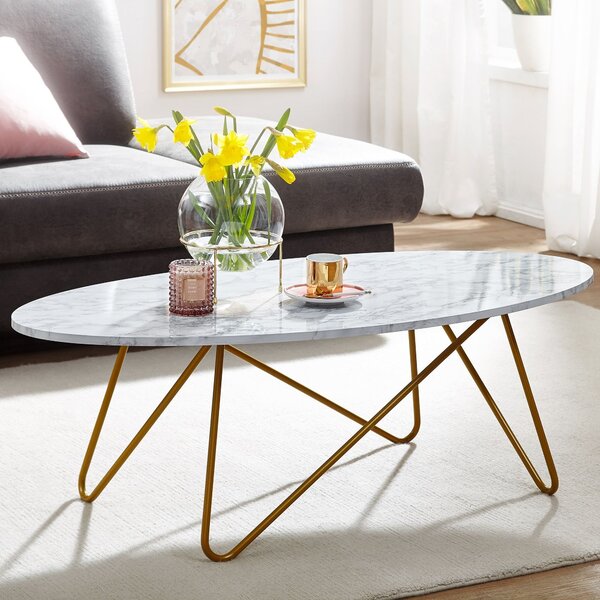 FineBuy Tavolino 120x40x60 cm con aspetto marmo Bianco Tavolo da salotto con struttura in metallo Tavolo da divano Tavolo ovale Tavolo da salotto