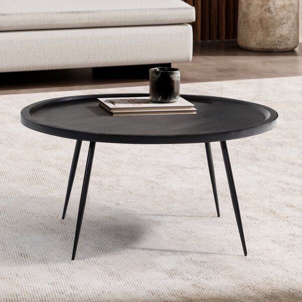 FineBuy Tavolino da caffè in legno massiccio di mango rotondo Ø 75 cm nero - Tavolo da soggiorno moderno con gambe in metallo - Tavolo da divano fatto a mano dal design industriale