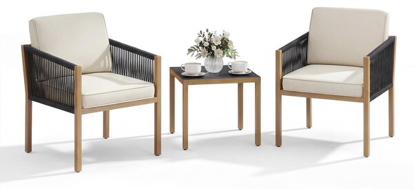 Set da giardino KOMFOTTEU, composto da 3 pezzi: set di mobili da balcone in rattan con tavolo da giardino e 2 sedie da giardino, piccolo set lounge con cuscini, ideale per balcone, terrazza e giardino, colore beige