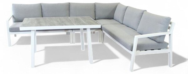 Salotto angolare da giardino in alluminio bianco con cuscini incluso divano poltrona tavolino set arredo esterno moderno