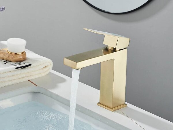 Rubinetteria per bagno - Miscelatore per lavabo a collo corto - Miscelatore monocomando con controllo della temperatura (acqua calda/fredda) - Montaggio a incasso - Corpo in acciaio inossidabile - Finitura dorata spazzolata