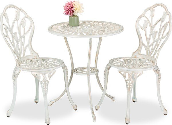 Set di mobili da giardino Relaxdays, 3 pezzi, tavolo e 2 sedie, fusione di alluminio, mobili da balcone in stile antico, salottino da giardino, bianco/bronzo