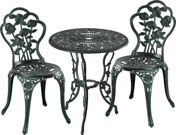 Set di mobili da giardino Relaxdays, 3 pezzi, tavolo e 2 sedie, mobili da balcone in stile vintage, fusione di alluminio, salottino da giardino, nero/verde
