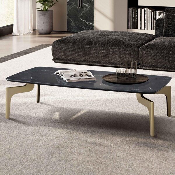 WOHNLING Tavolino da salotto 120x60x30,5 cm con effetto marmo lucido nero/oro Tavolino da salotto rettangolare con struttura in metallo Tavolino da divano Grande tavolo