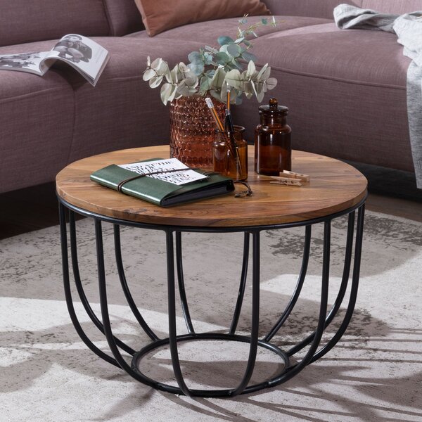 FineBuy Tavolino Sheesham rotondo Ø 60 cm - Tavolo da salotto in legno massiccio con struttura in metallo nero - Tavolo da divano di design industriale fatto a mano