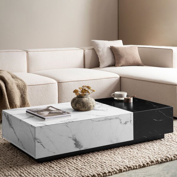 WOHNLING Tavolino da salotto 120x60x28 cm Bianco Nero Tavolino da divano effetto marmo Tavolino da salotto moderno basso Rettangolare con cassetti Tavolino da salotto Spazio contenitivo