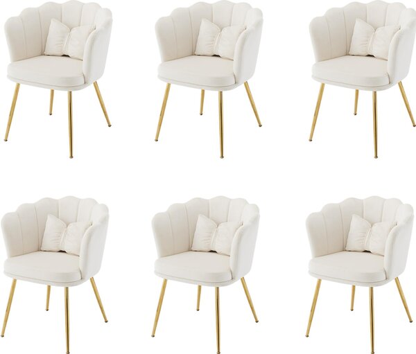 Set Fortuna Lai con 6 moderne sedie da salotto in velluto, sedie da bagno, sedie imbottite con schienale a petalo, gambe in metallo dorato e cuscini a forma di farfalla per la camera da letto e la sala da pranzo