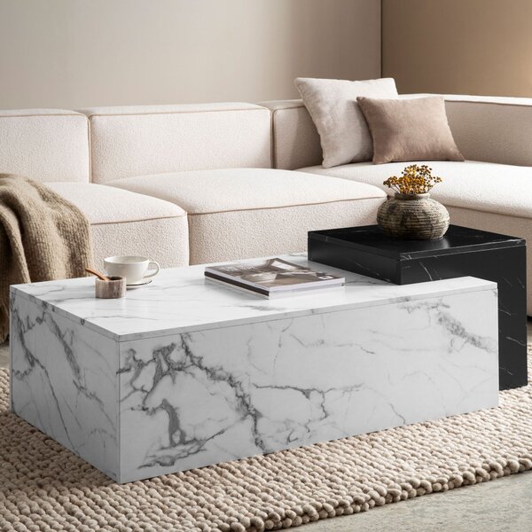 FineBuy Tavolino da caffè 120x60x40 cm Bianco Nero effetto marmo Tavolo da divano Tavolo da soggiorno moderno Tavolo da salotto rettangolare Tavolo da caffè a due livelli Grande