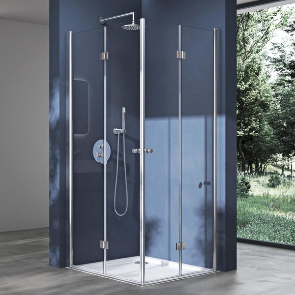 Doporro Box Doccia Angolare con Doppia Porta a Soffietto Pieghevole 180¡ã, Vetro Temperato 6 mm Trasparente, Profilo Alluminio Cromato e Piatto Doccia Incluso, 90x75x190 cm - Ravenna26k